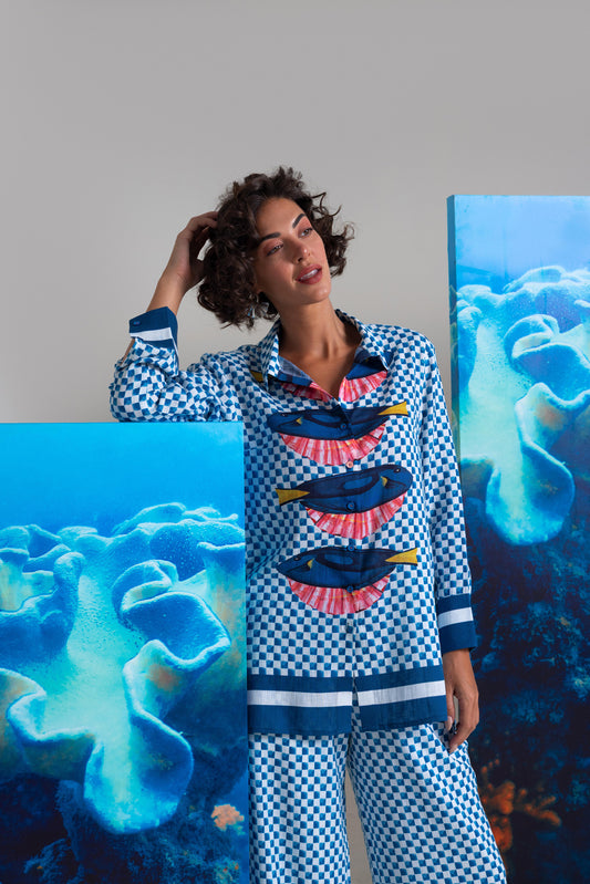 Overlaying Shell & Fish Printed Shirt With  Pants