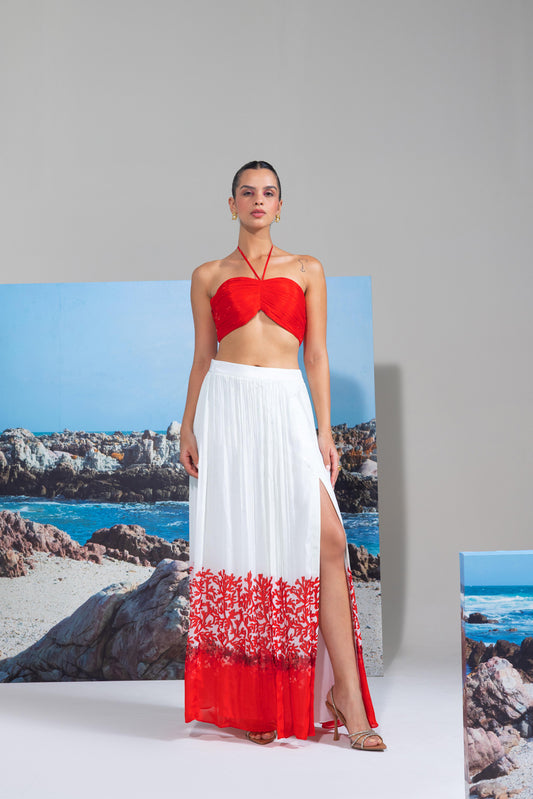 Tie Up Bustier With Slited Flared Skirt With  Pops Of Coral