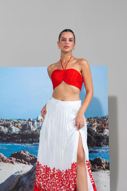 Tie Up Bustier With Slited Flared Skirt With  Pops Of Coral