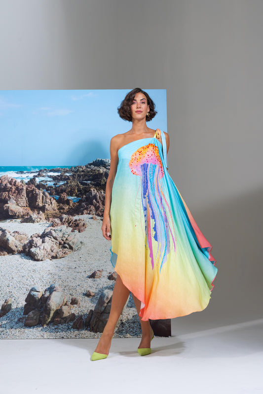 One Shoulder Asymmetrical Squaving With The Waves Dress
