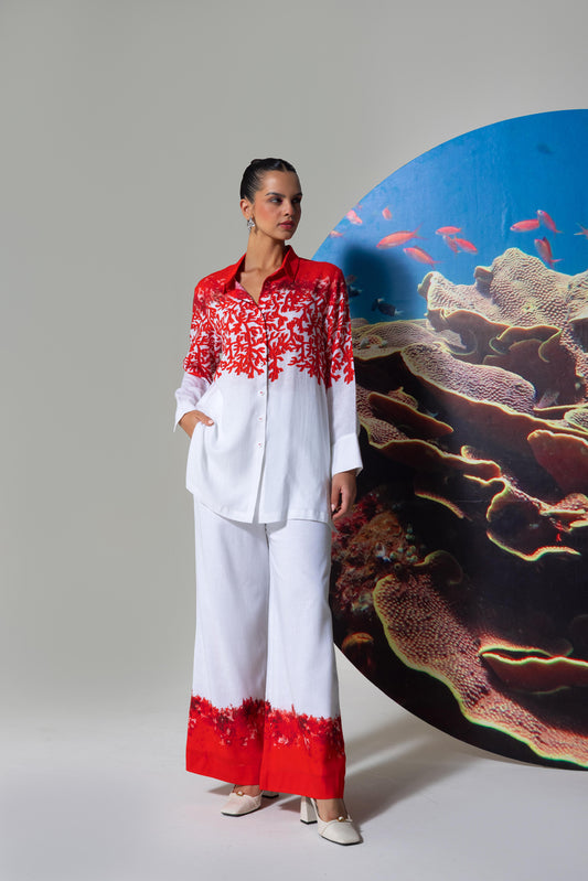Coral Printed Shirt With Pants