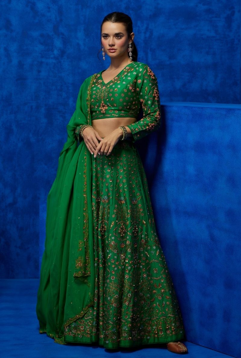 Green Floral Lehenga Choli - Garden