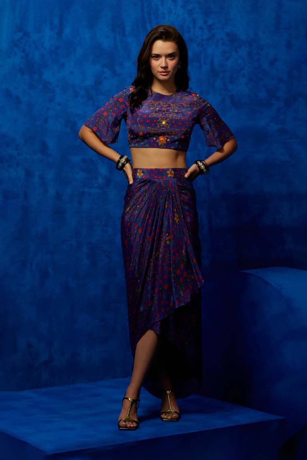 Midnight Bloom-  Dhoti Skirt with Crop Top