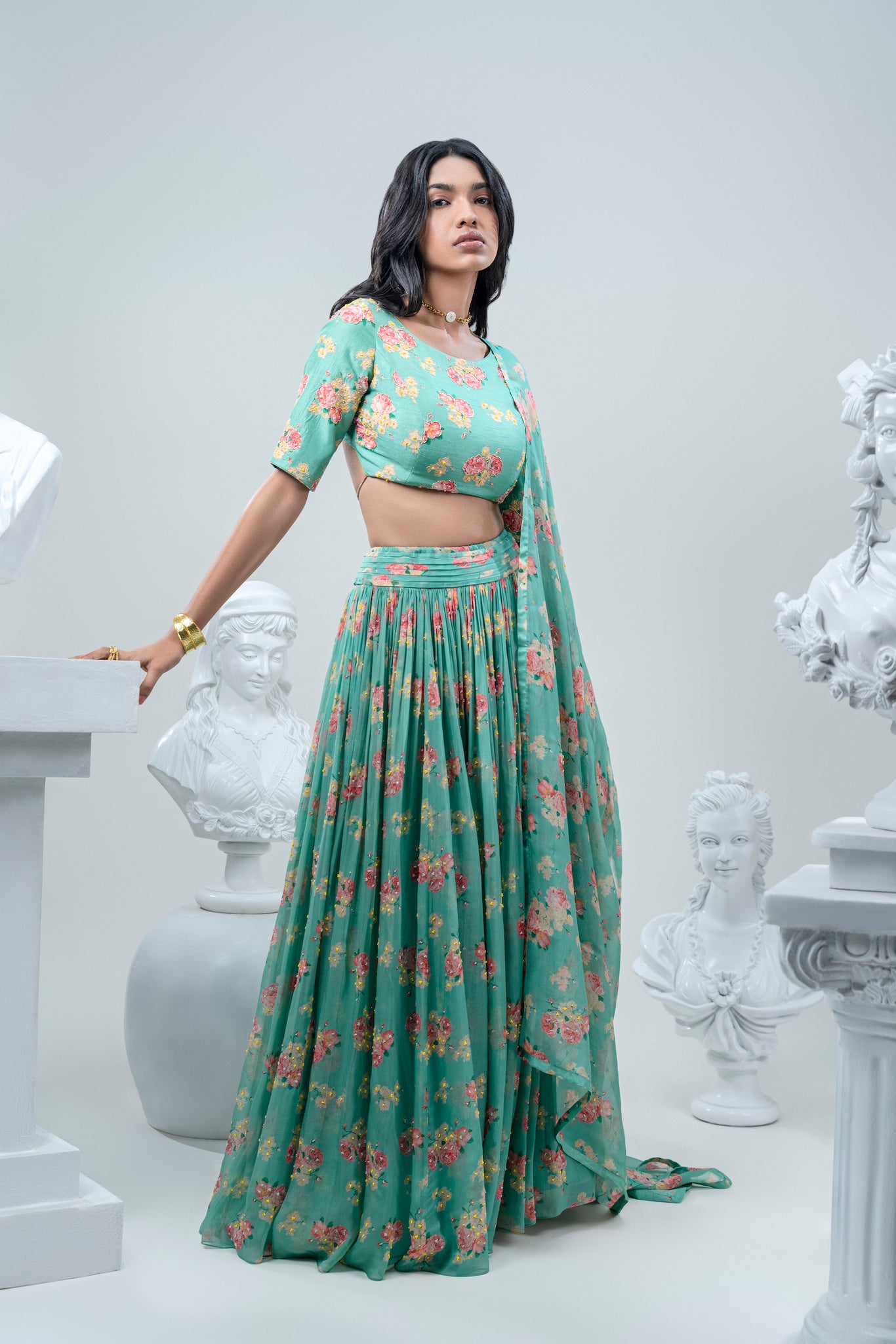 FLOWER PRINTED LEHNGA WITH SILK HAND EMBROIDERED DUPATTA