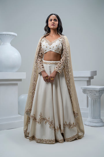 TWO LAYER HAND EMBRIDERED LEHENGA WITH APPLIQUE BLUESE N CUT WORK DUPATTA
