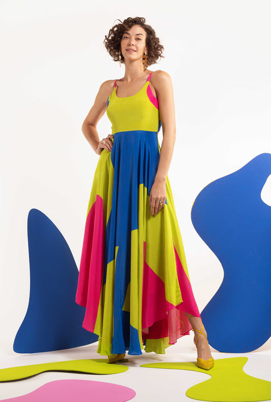 Lime-hot pink-blue Women Back tie up high low maxi  - DOPAMINE