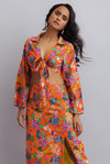 Printed Bell Sleeve Tie Up Top With Slitted Skirt - BEACH MORE, WORRY LESS