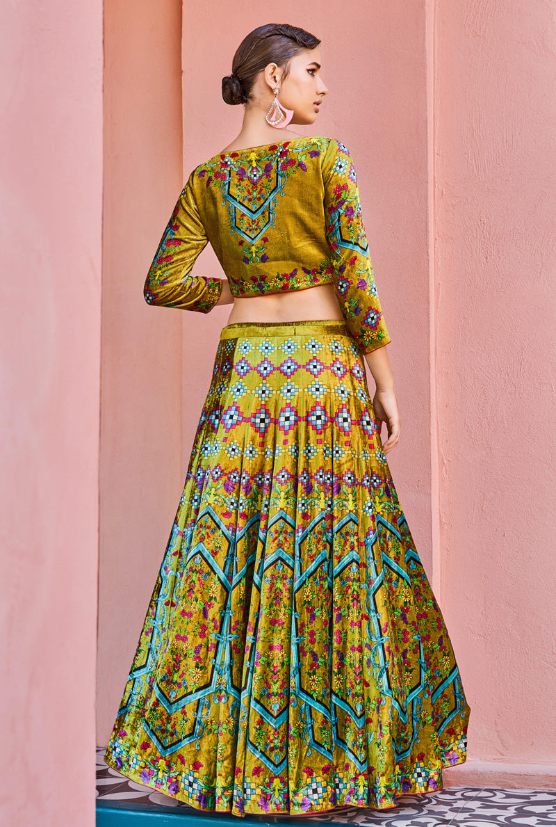 Buy Yellow Silk Peplum Top & Green Lehenga Choli With Red Banarasi Duppatta