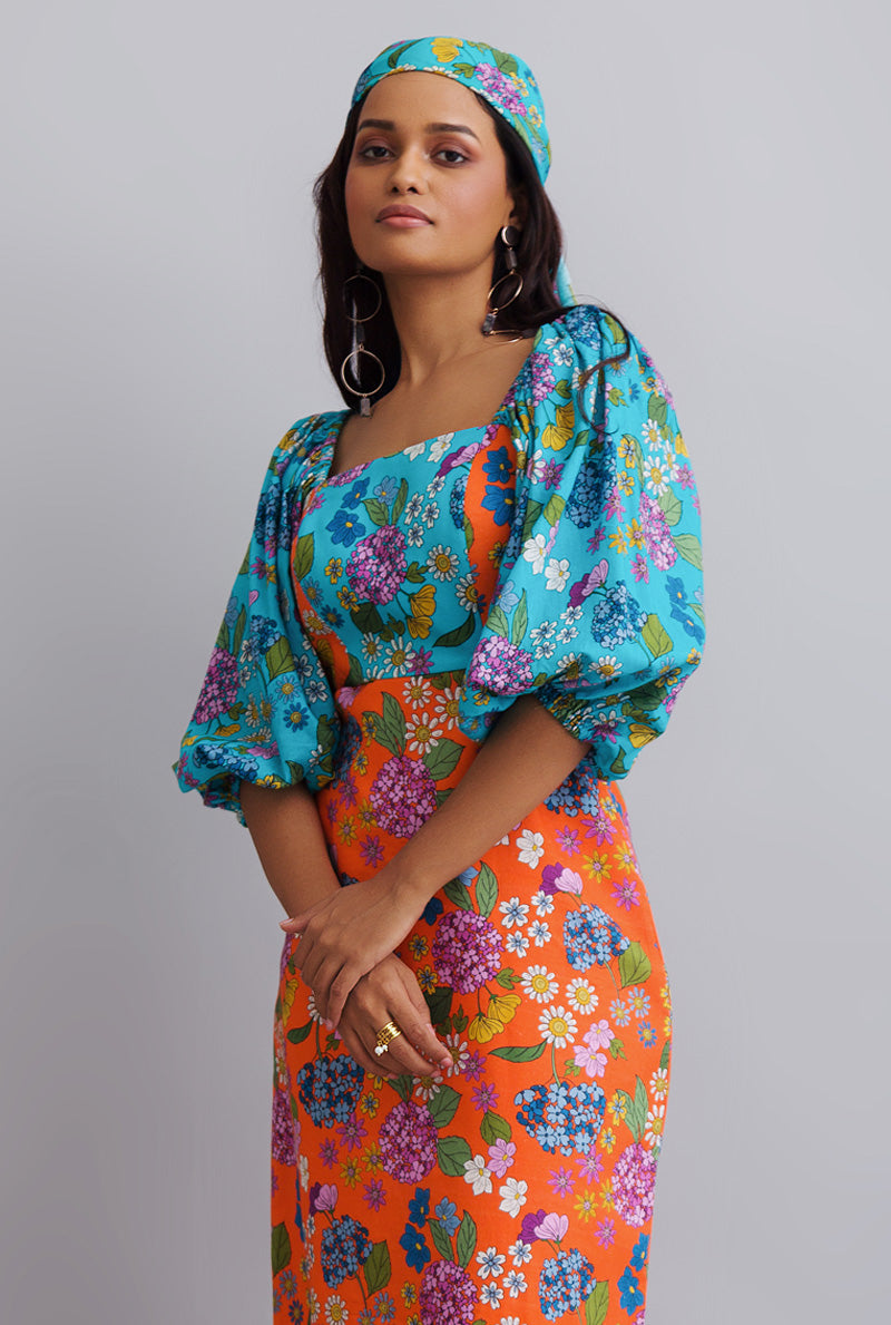 Puffed Sleeved Waist Cut Out Dress - WANDERLUST