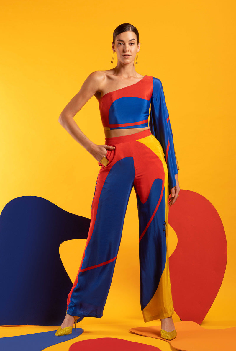 Blue-Red-Yellow Women One off Shoulder Top with Pants - STYLE RADAR