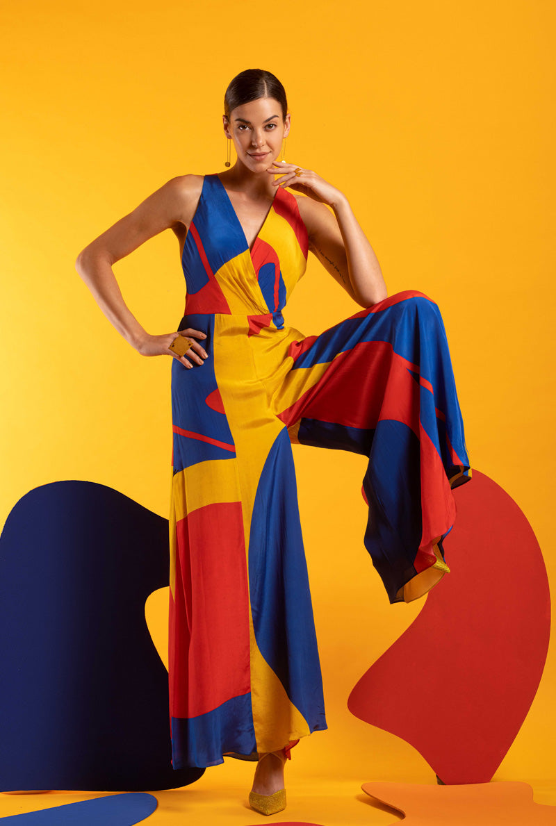Blue-Red-Yellow Women Criss Cross Detailed Jumpsuit - EYES ON YOU