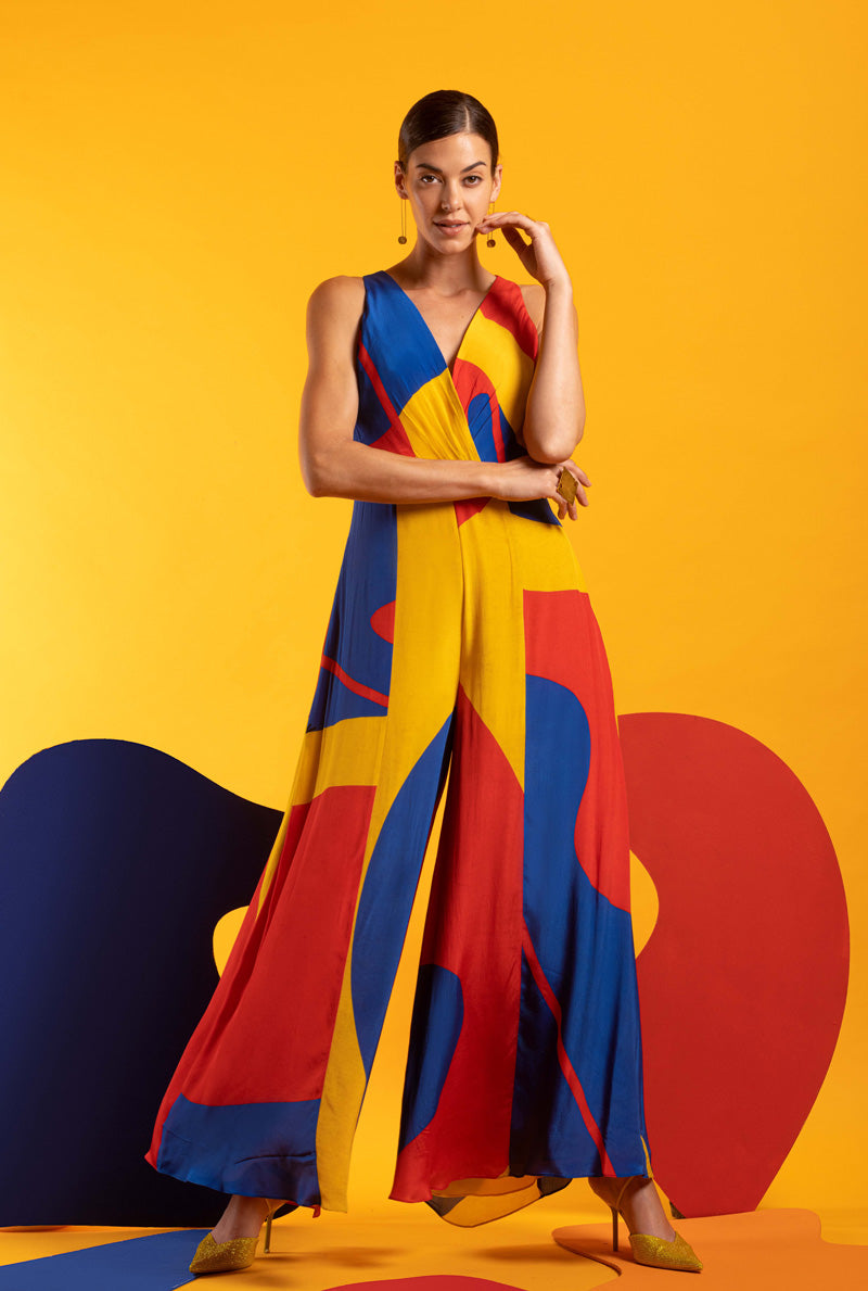 Blue-Red-Yellow Women Criss Cross Detailed Jumpsuit - EYES ON YOU