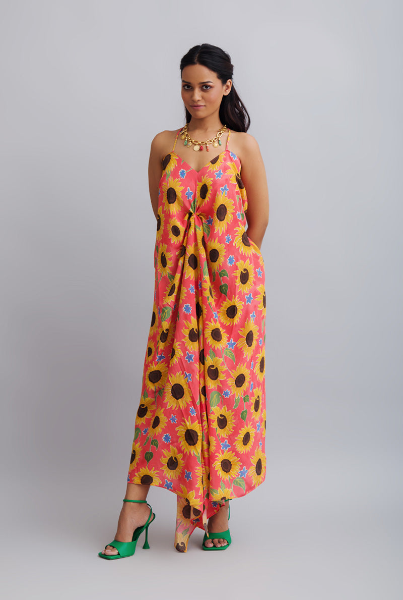 Sunflower Printed Drape Dress - LET’S GET FLOWERY