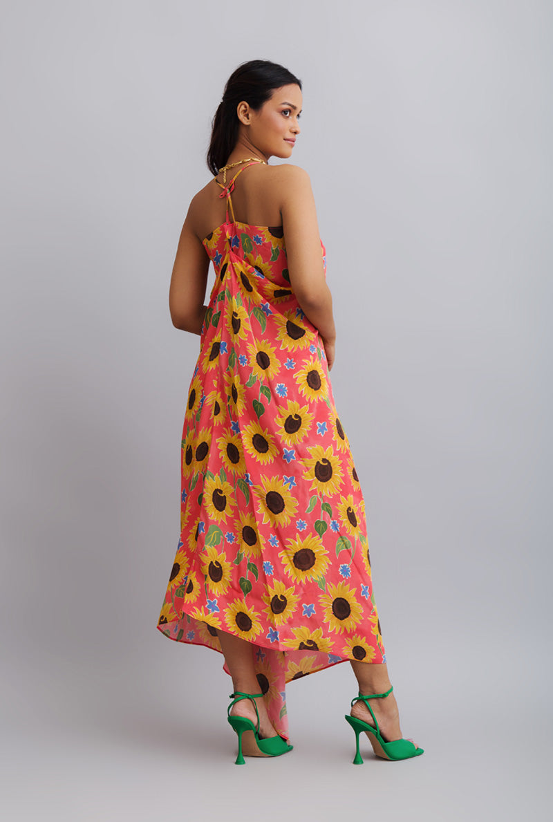 Sunflower Printed Drape Dress - Women Designer Wear