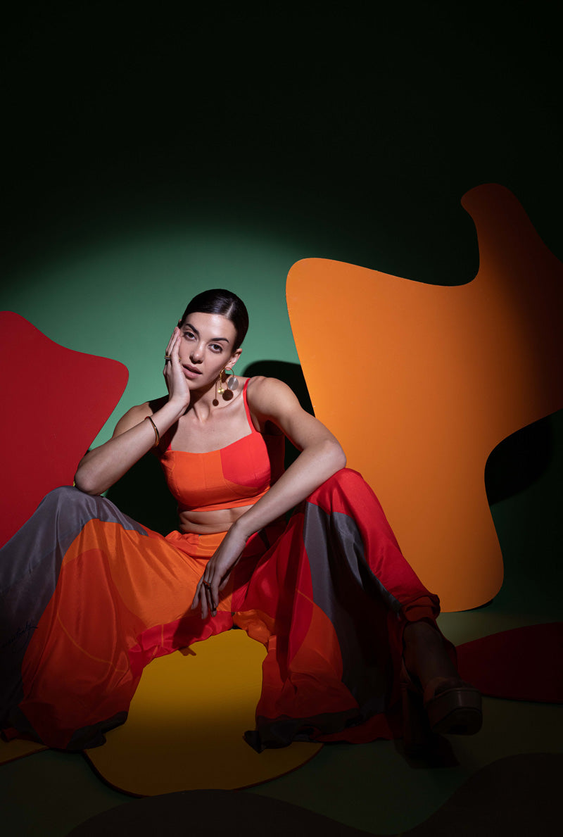Orange-Grey-Red Women Bustier with Wide Legged Pants - Eclectic Dream