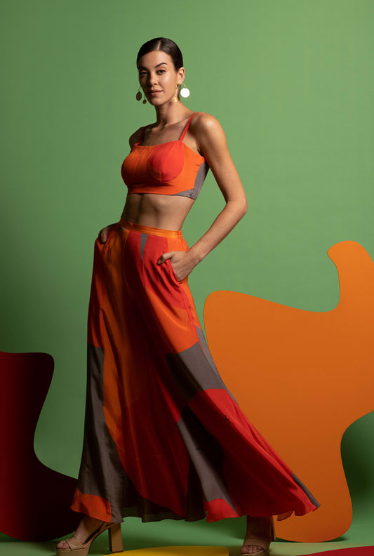 Orange-Grey-Red Women Bustier with Wide Legged Pants - ECLECTIC DREAM