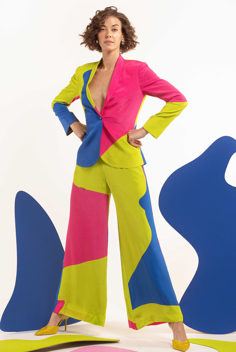 Lime-Hot Pink-Blue Women Blazer With Wide Leg Pants - DOUBLE UP