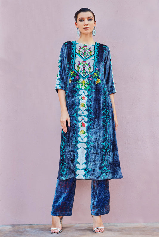 PRUSSIAN BLUE HIGH SLIT KURTA SET