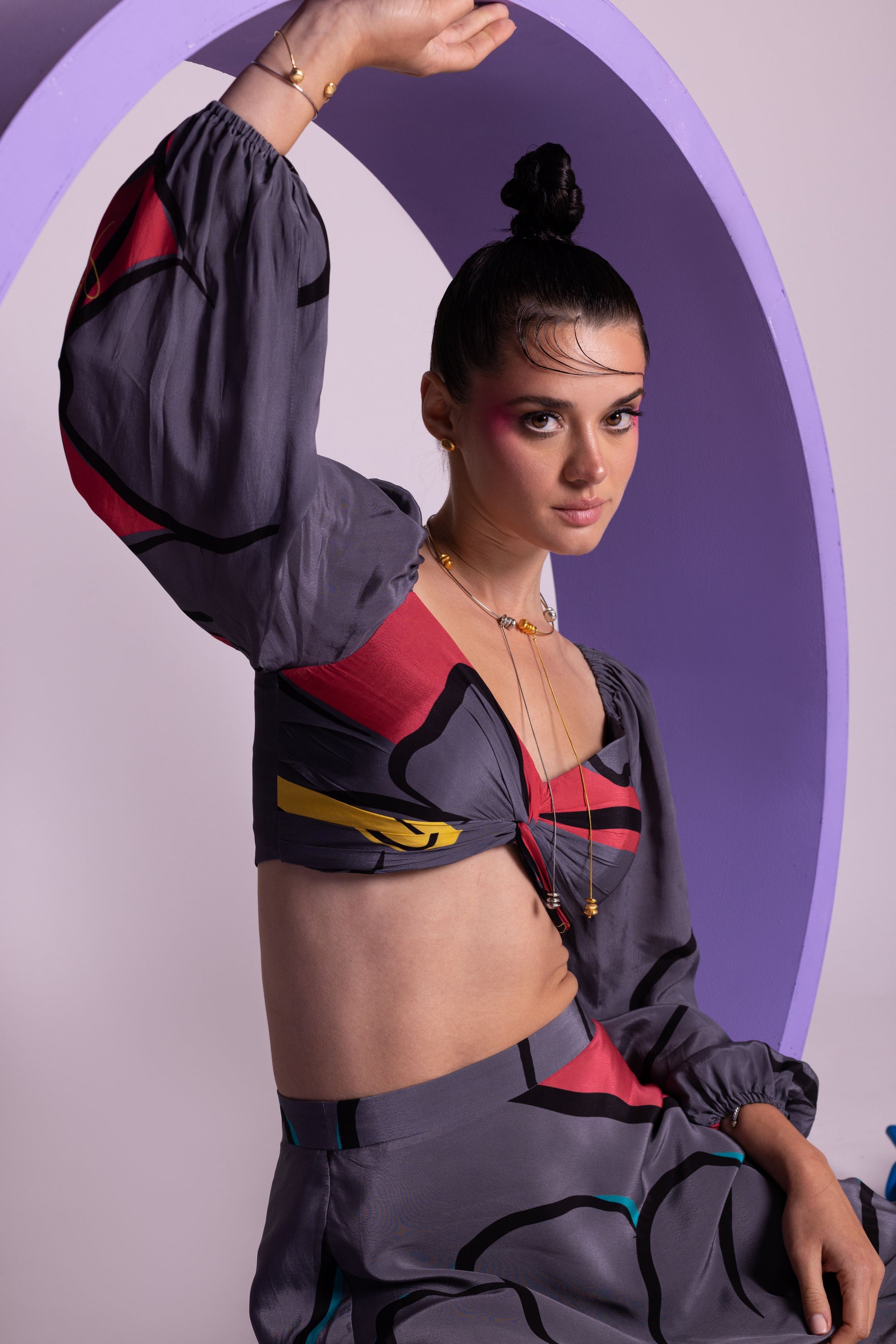 Mess Express - Flared Skirt with Puff Sleeved Crop Top by Nautanky