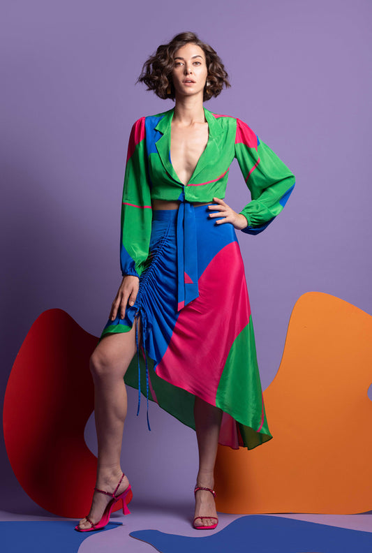 Green-hot Pink-Blue Women Crop Blazer top With Ruching Detailed Skirt - IT TAKES TWO