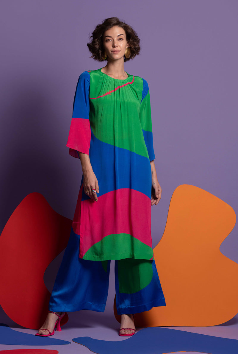 Green-hot Pink-Blue Women Tunic with wide leg pants  - DO-OVER