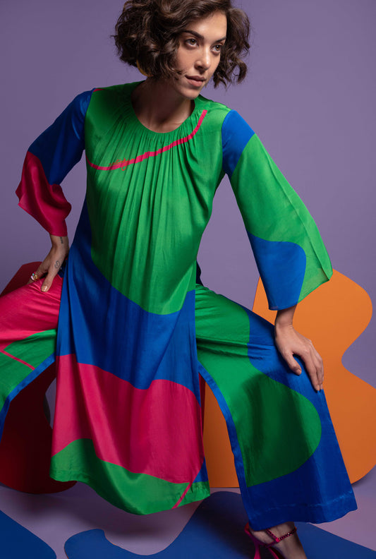 Green-hot Pink-Blue Women Tunic with wide leg pants  - DO-OVER