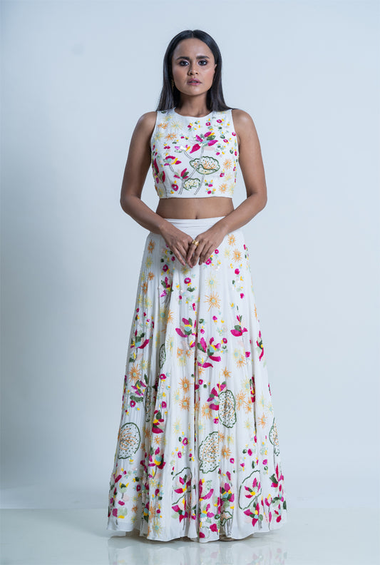 Ivory Crape Lotus Embroidered Skirt With Crop top - Ivory Oleander Lehenga Set