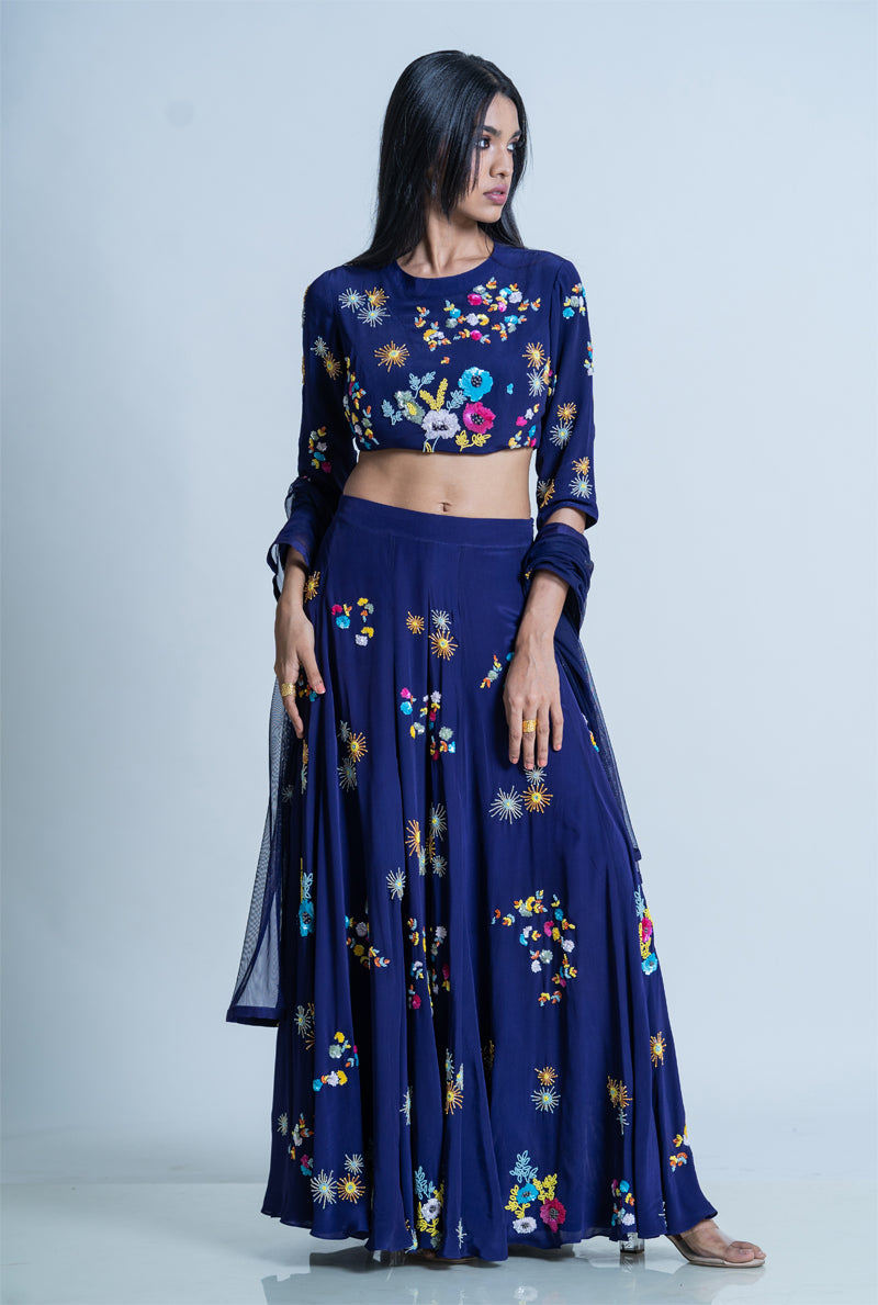 Blue Sharara With Crop Top And Dupatta - Sapphire Hydrangea Sharara set