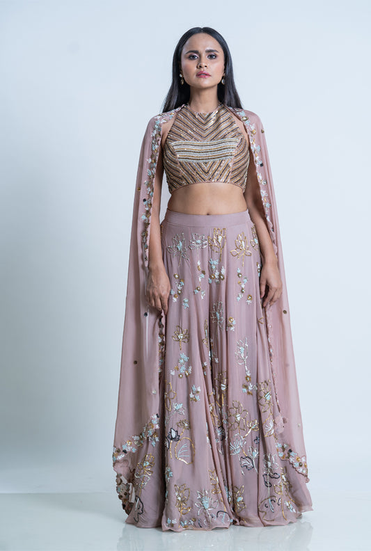 Metallic Embroidered Blouse With Embroidered sharara And Cut Work Dupatta - Champagne Sharara set
