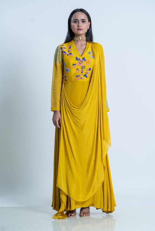 Mustard Victorian Embroidered Drape Dress With Pants - Mustard Calendula Drape dress
