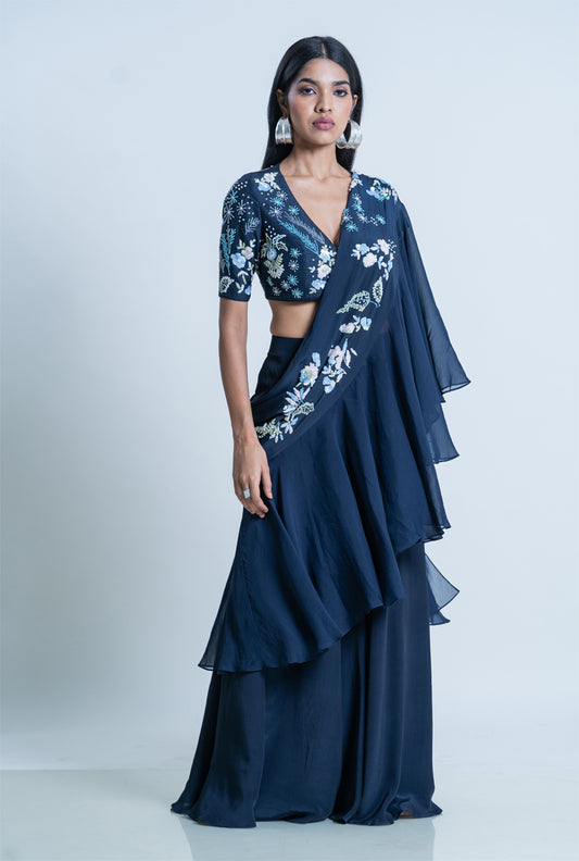 Indigo Sharara With Embroidered Crop Top And Silk Ruffle Dupatta - Indigo Verbena Sharara set