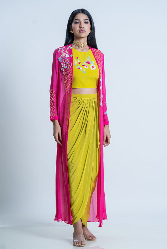 Mustard Ruffle Skirt With Crop Top And Bead Embroidered Hot Pink Cape - Tuscany Daffodil Co-ord