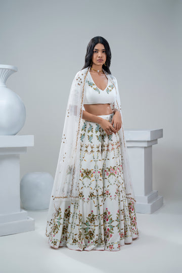 HAND EMBRIDERED JAAL PRINT LEHNGA WITH BLOUSE N DUPATTA